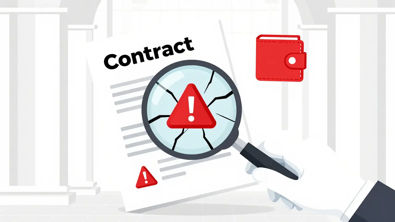 Magnifying glass revealing flaws in contract and crypto wallet