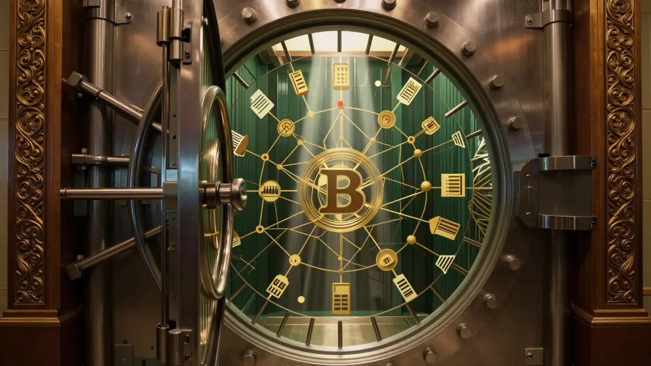 Metallic vault door opening to reveal golden blockchain nodes