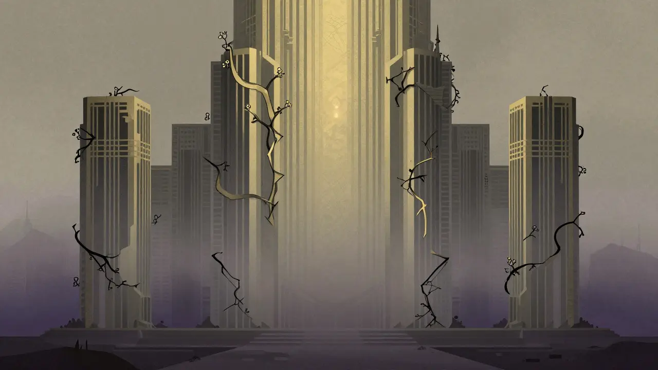 Muted Art Deco artwork depicting a crumbling structure symbolizing a dormant project