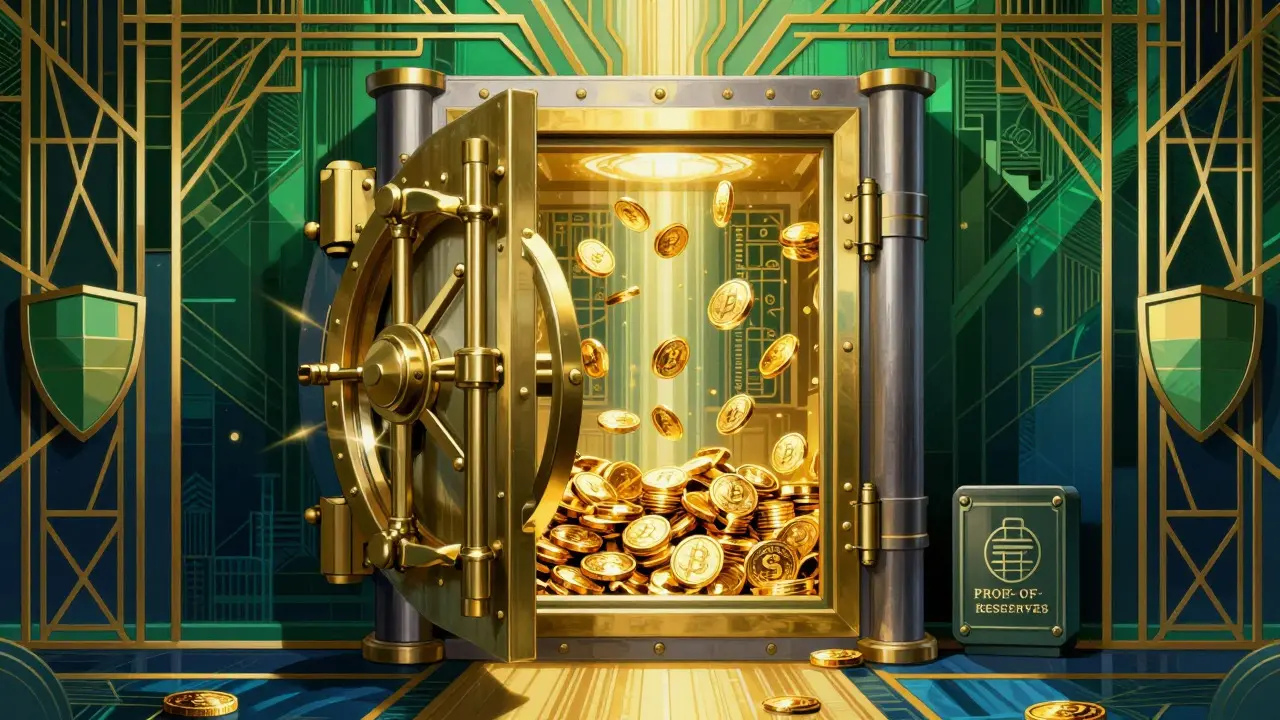 Open ornate vault revealing glowing coins and digital tokens in Art Deco style