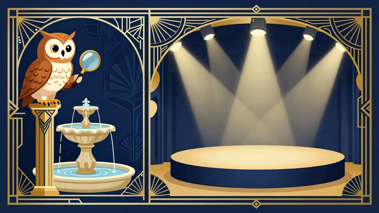 Owl observing a fountain vs empty stage in Art Deco style