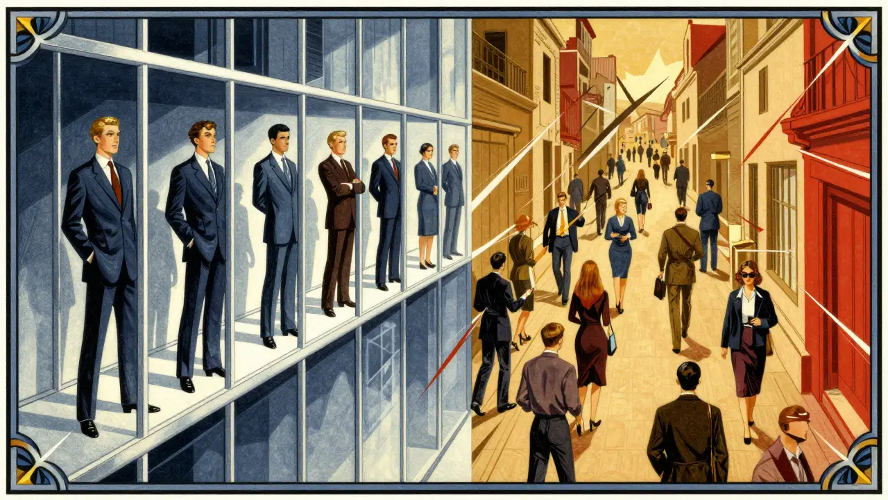 Split Art Deco scene contrasting elite investors and ordinary citizens in crypto