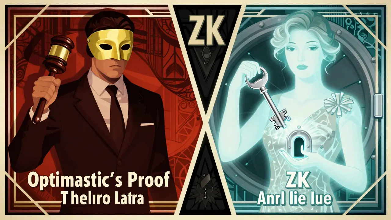 Split-screen Art Deco art comparing a judge's gavel for fraud proofs with a crystal key for ZK proofs
