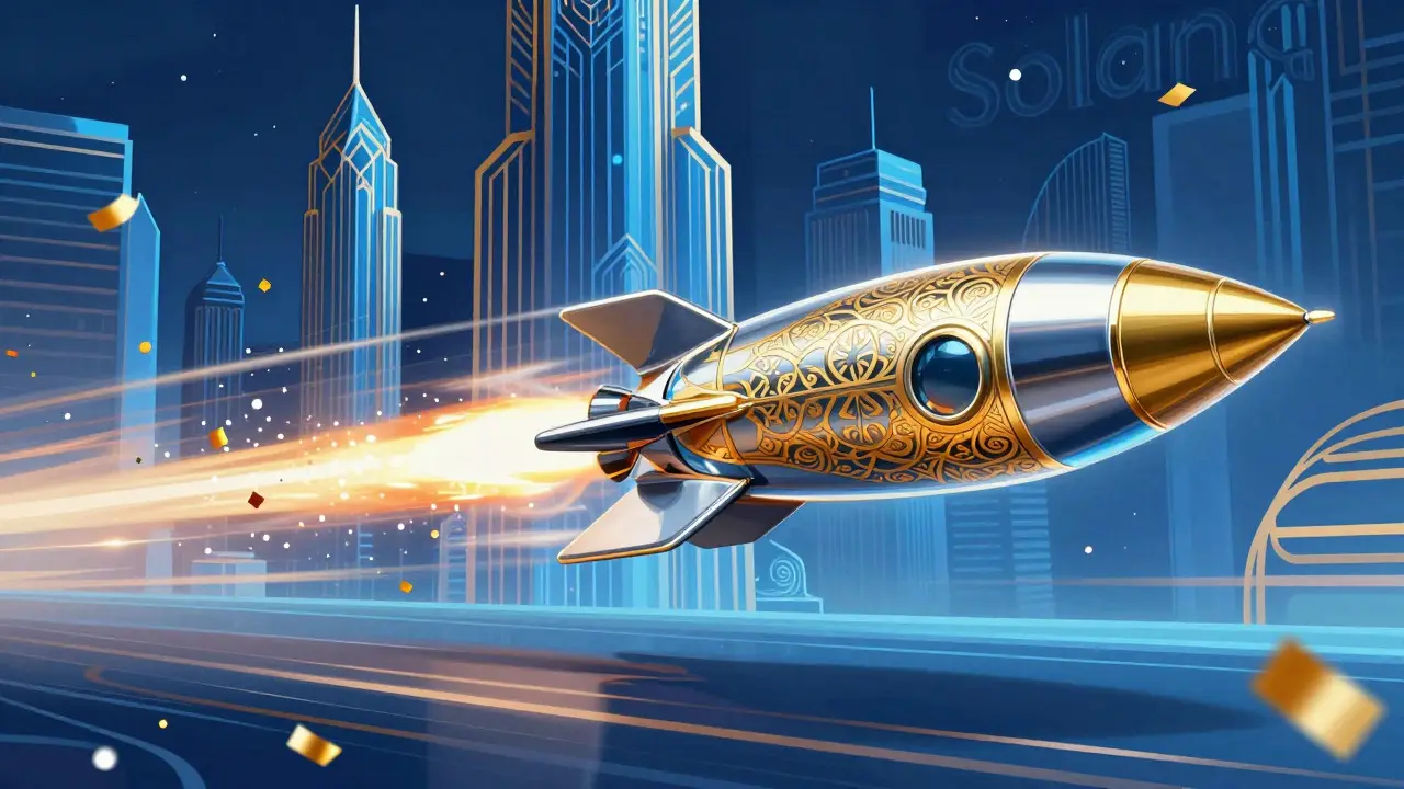 Streamlined chrome rocket speeding past Art Deco skyscrapers with spark trails