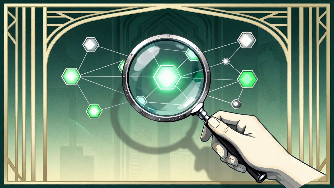 Stylized Art Deco scene showing a magnifying glass inspecting a network of glowing data nodes
