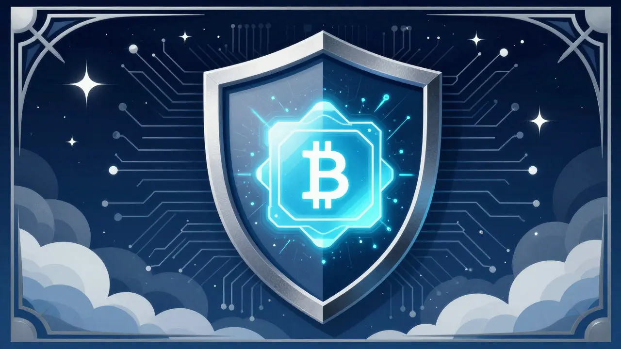 Stylized Art Deco shield protecting a digital asset symbolizing DeFi security