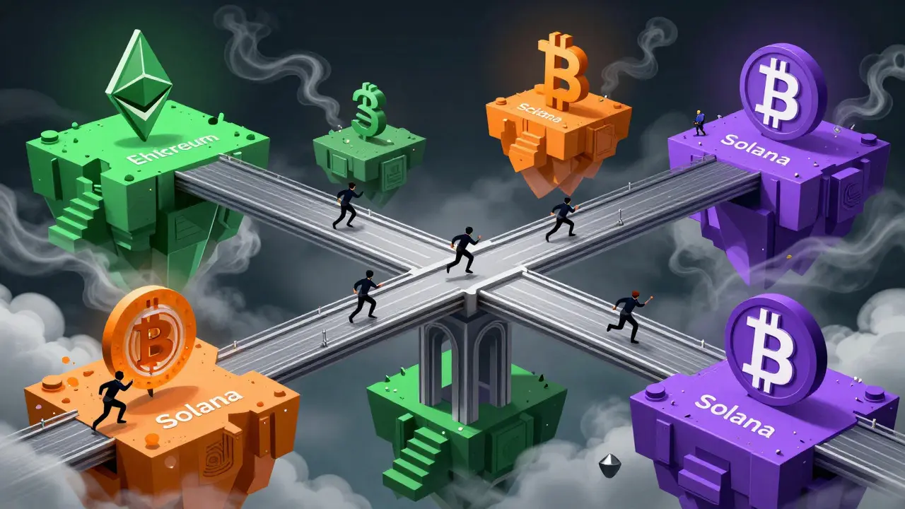 Stylized hackers hopping across bridges connecting colorful blockchain islands.