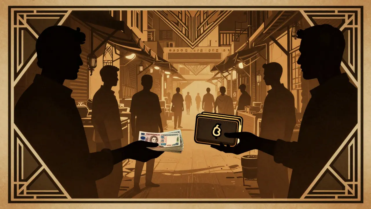 Stylized underground crypto trade with cash and wallet in shadows