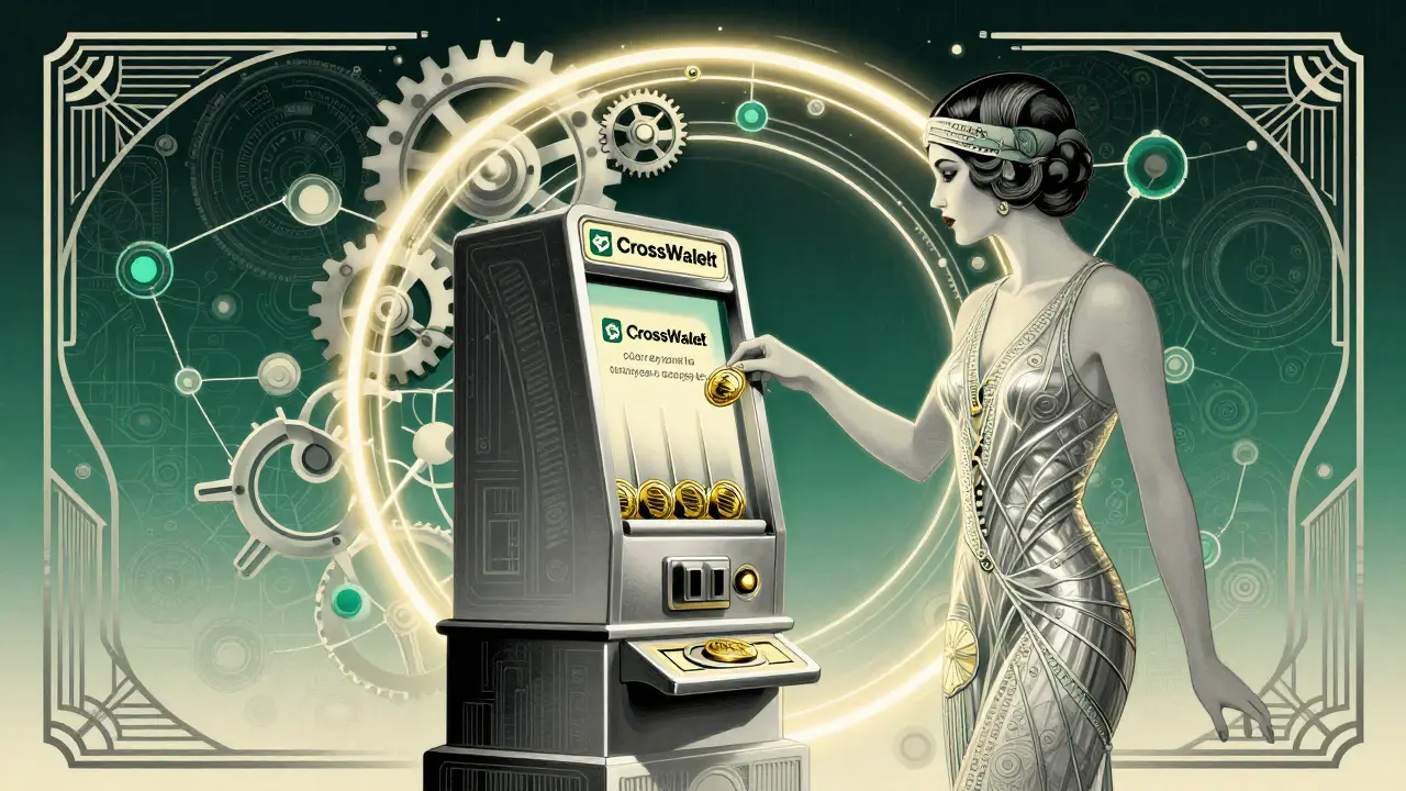 Stylized woman staking tokens in a mechanical portal