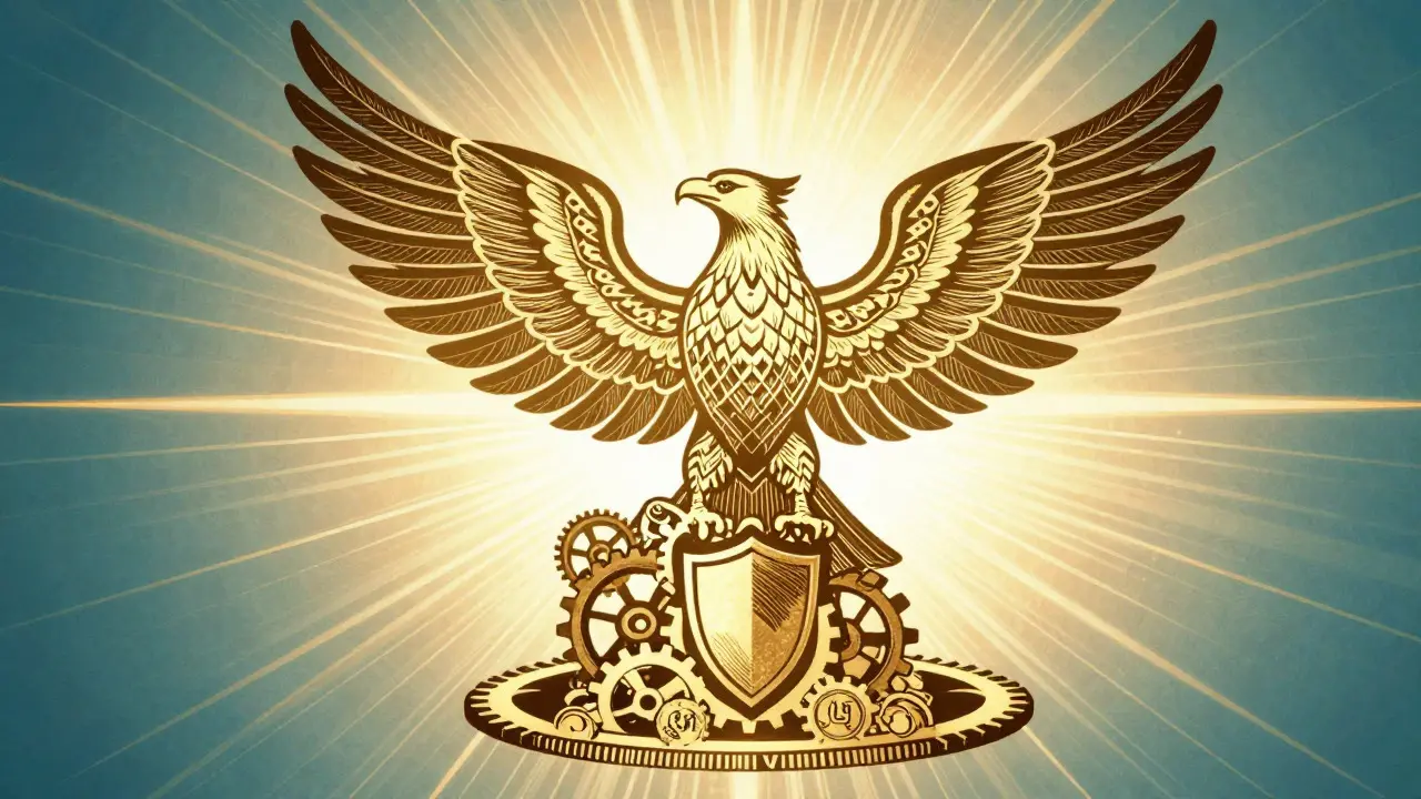 Symbolic eagle rising from mechanical gears in a radiant Art Deco burst