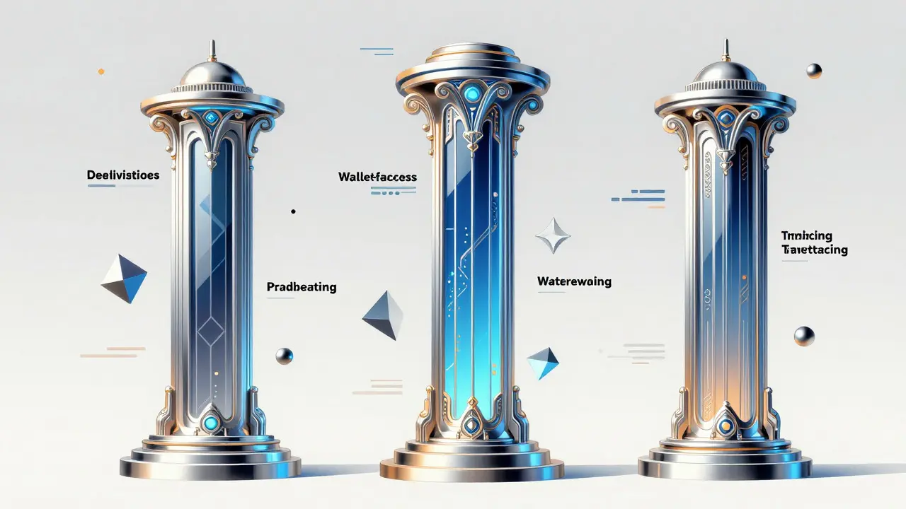 Three ornate pillars representing advanced trading tech in Art Deco style.