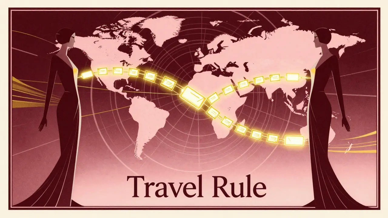 Two figures exchanging glowing data streams in an Art Deco advertising illustration