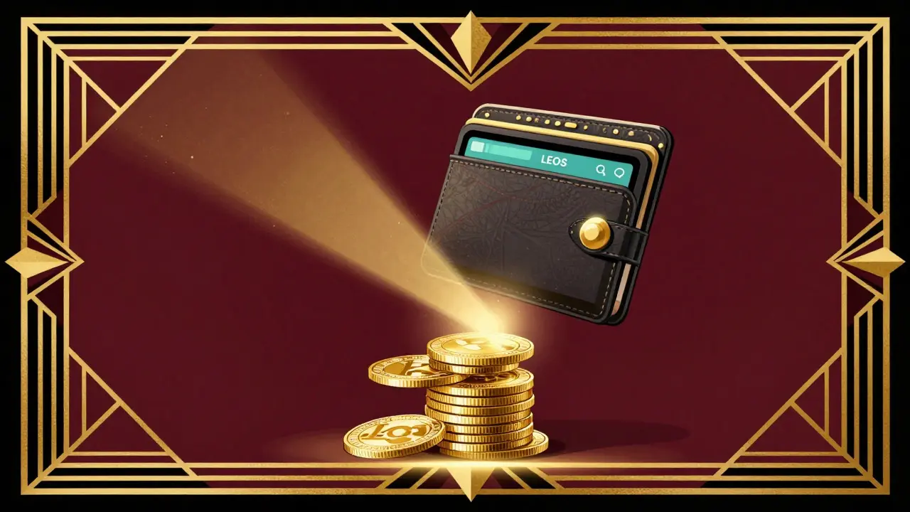 Vintage Art Deco style glowing wallet receiving floating gold tokens
