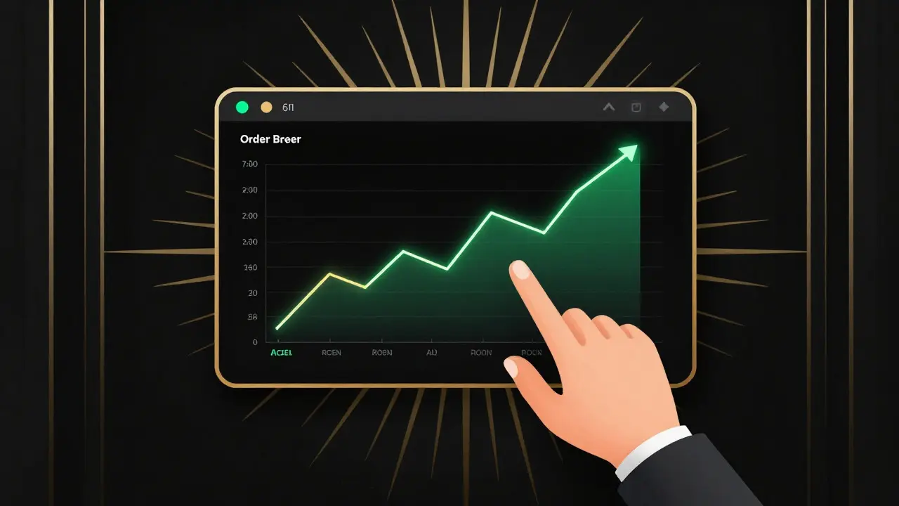 Vintage-style graphic of a clean trading dashboard with a rising green chart