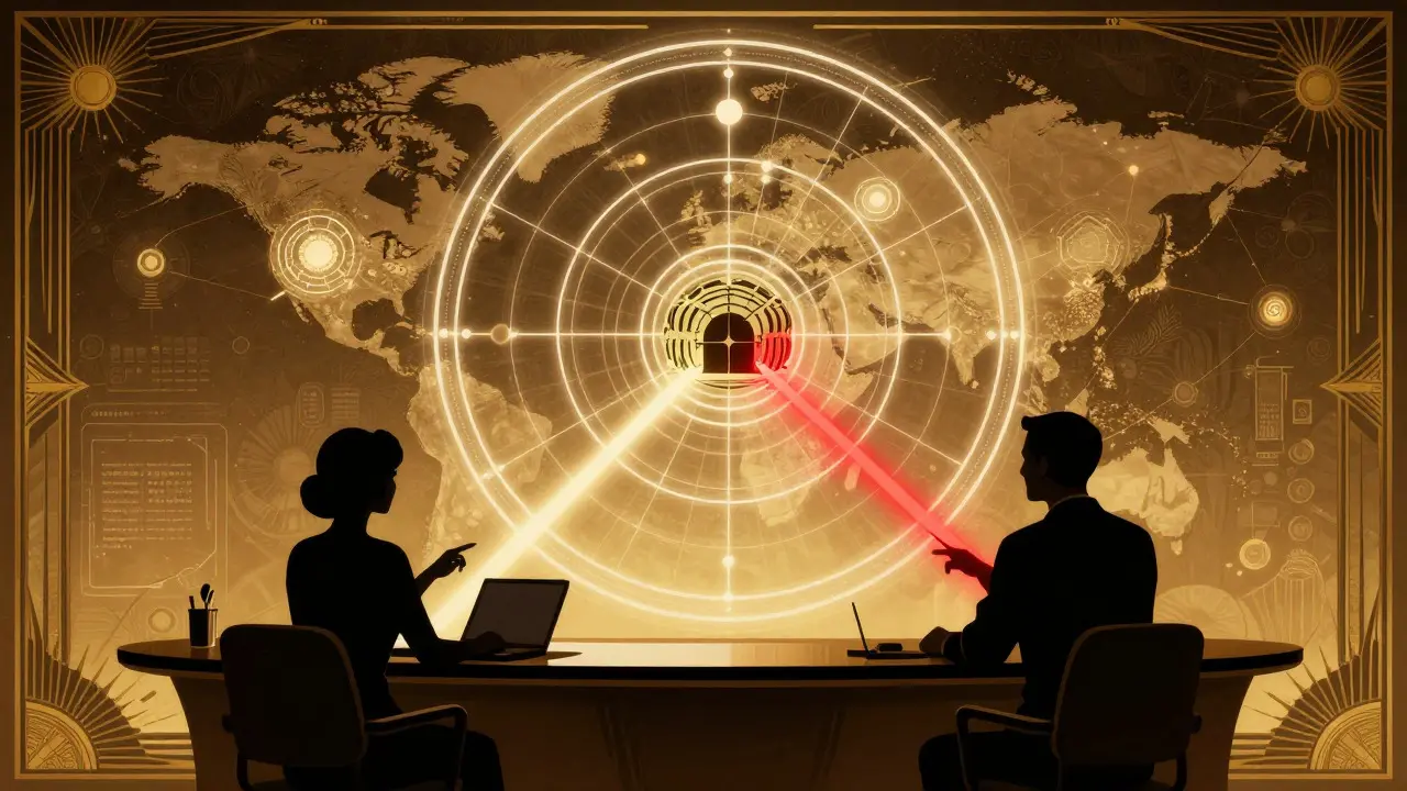 Vintage style graphic of analysts tracking digital paths on a radar screen