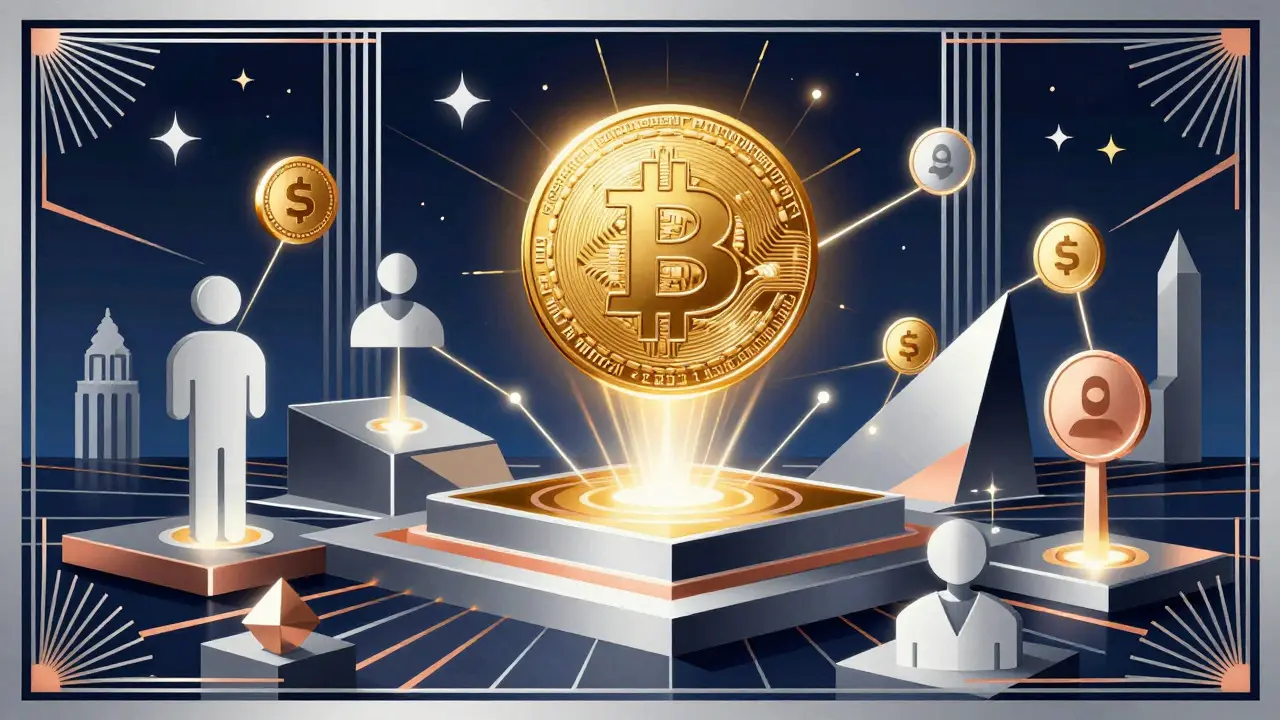 Vintage-style graphic showing a glowing crypto token floating above a digital platform