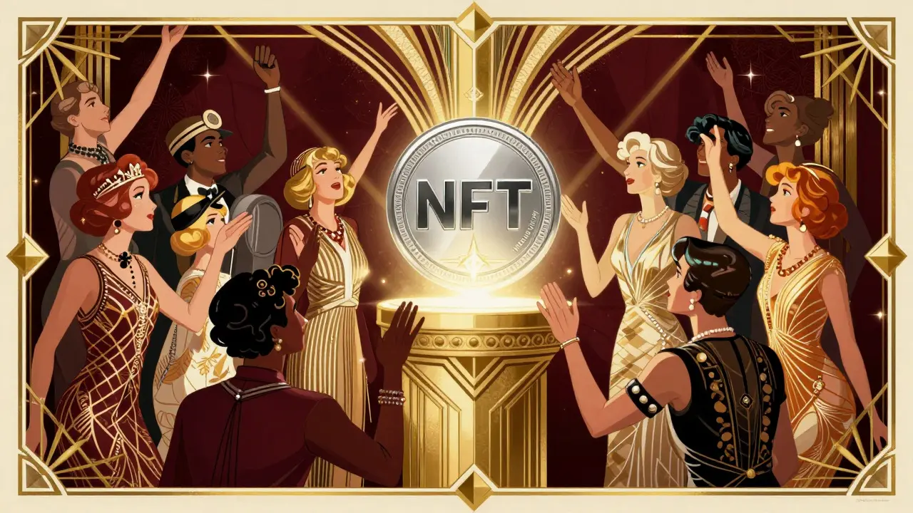 Vintage-style poster showing fans connecting with a holographic music NFT token.