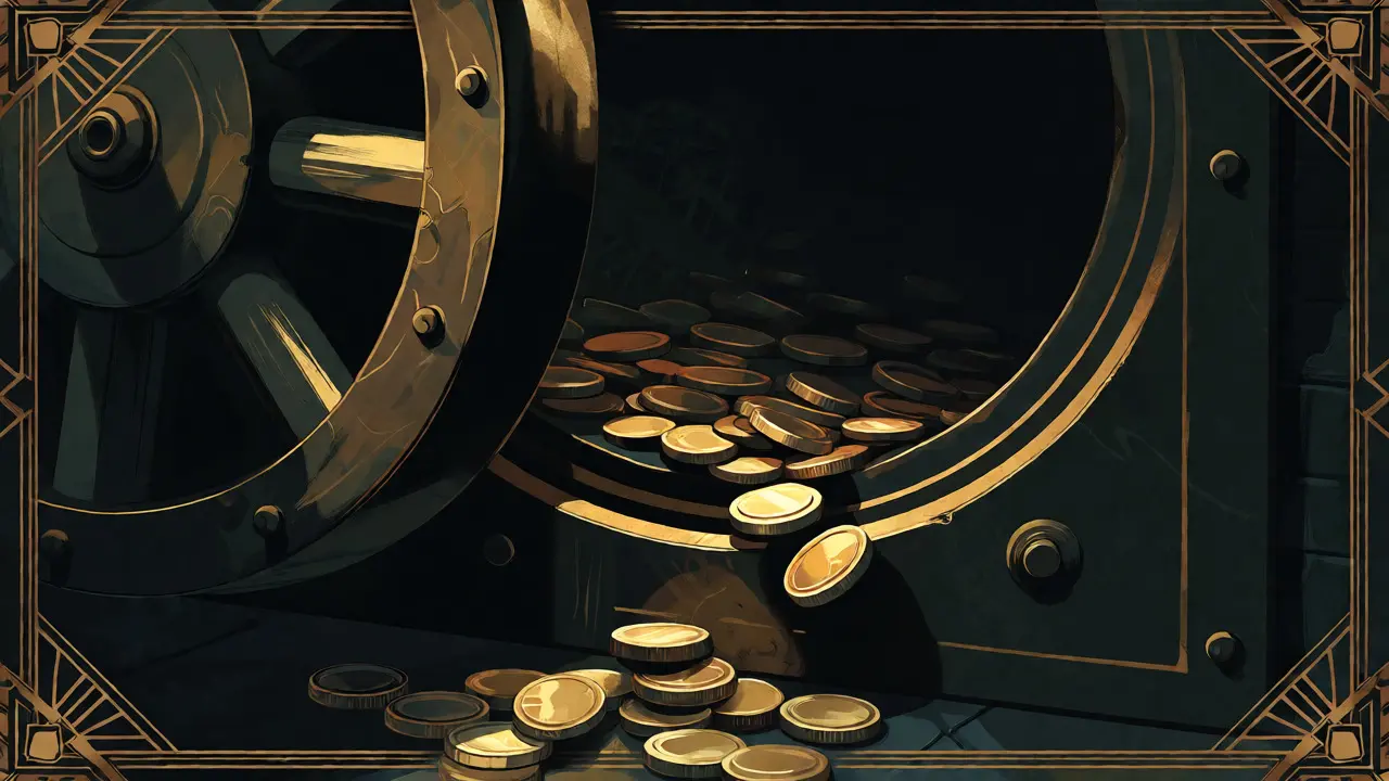 A vault door spilling gold coins into darkness in an Art Deco design.