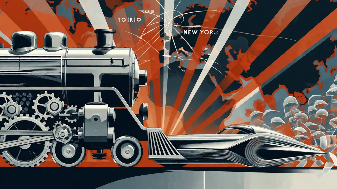 Art Deco artwork contrasting a heavy, secure train with a fast, unstable race car to depict blockchain risks.