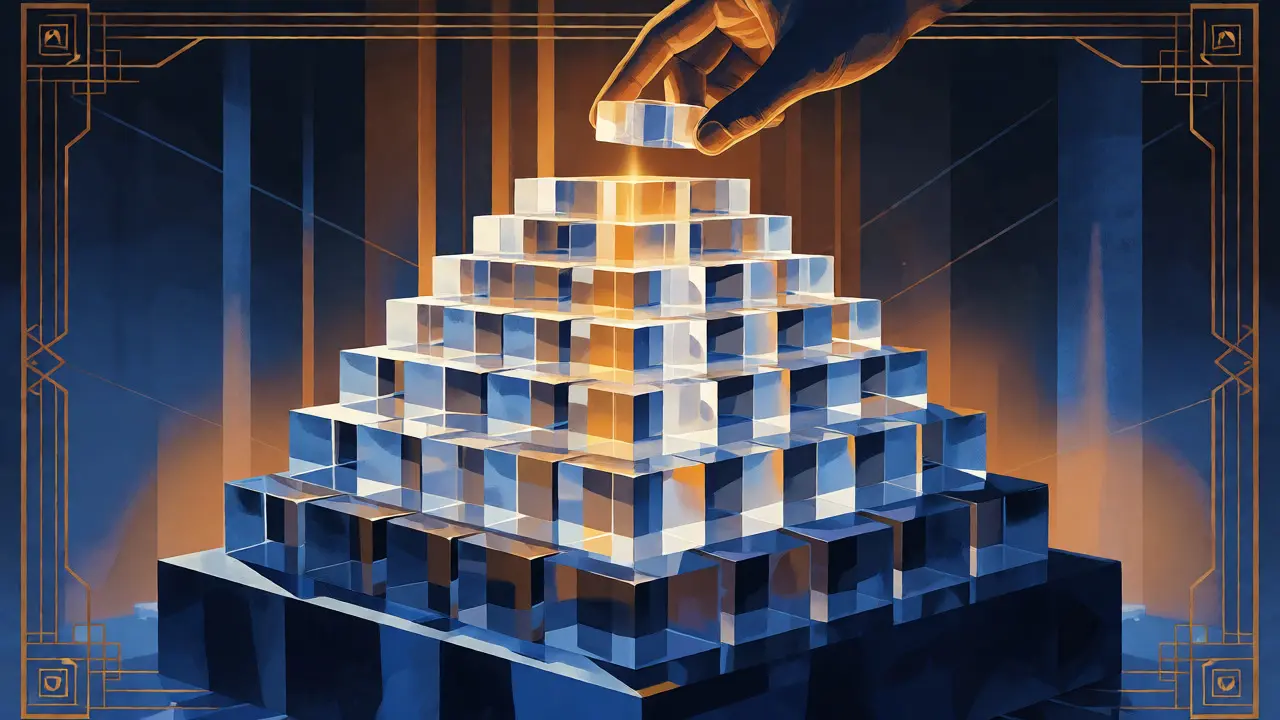 Art Deco depiction of a crystal tower growing taller and brighter to represent increasing transaction security.
