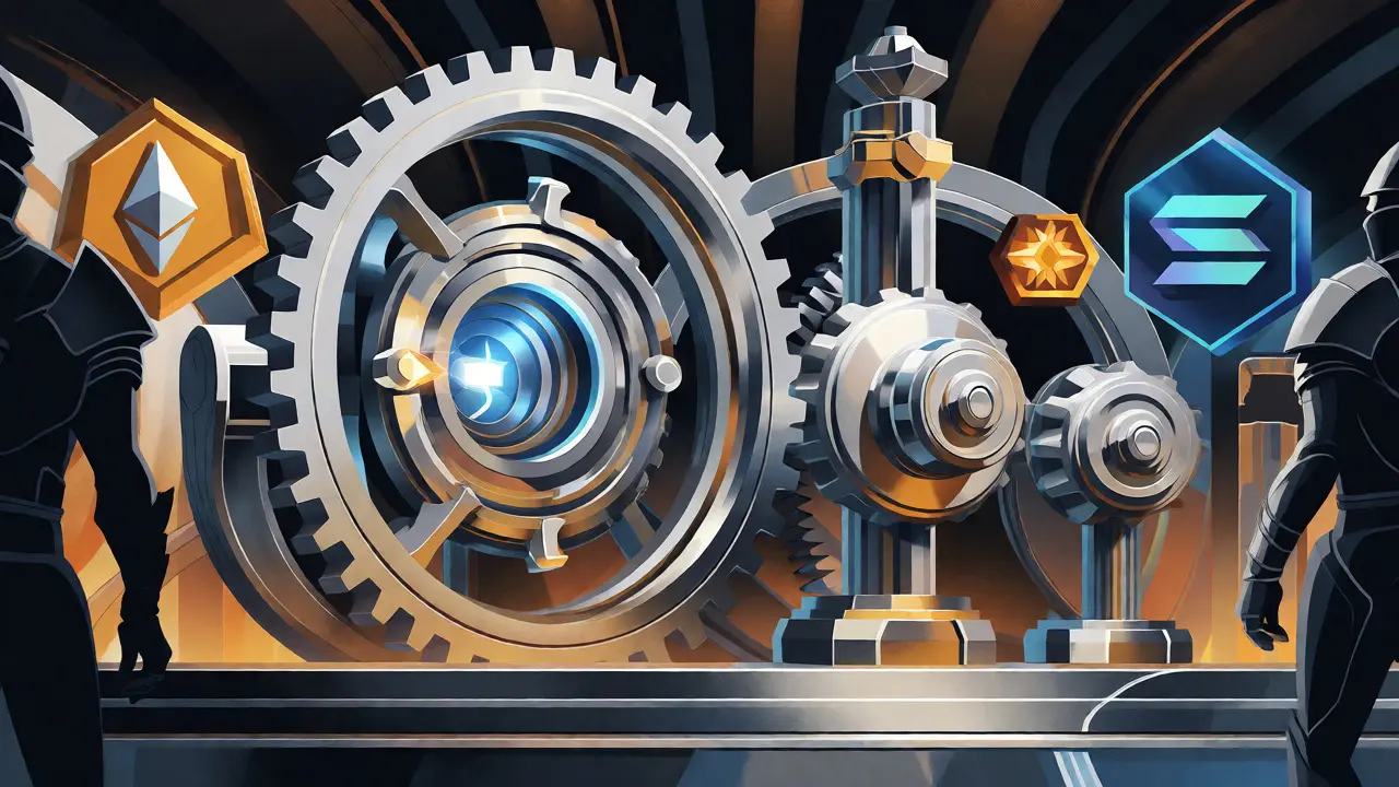Art Deco depiction of the Wormhole bridge machinery transferring data between blockchains.