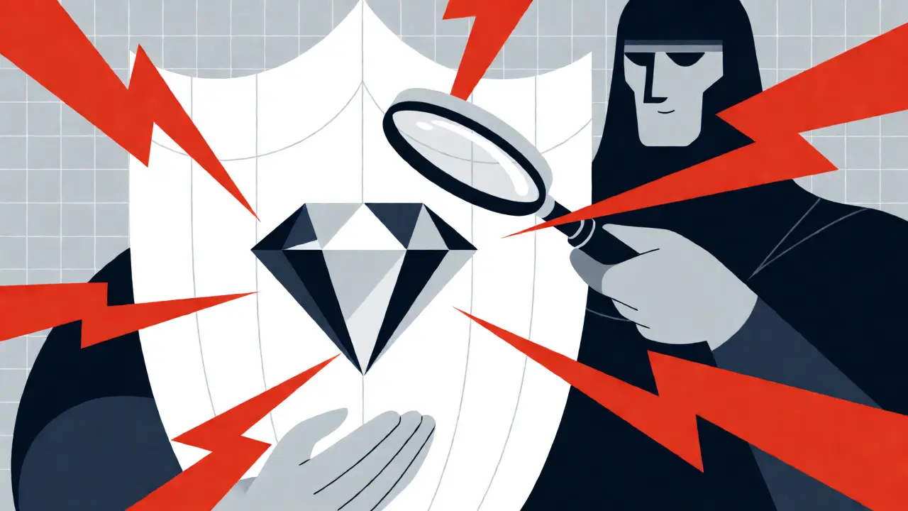 Art Deco illustration of a guardian protecting a gem from red lightning, representing safe airdrop verification.