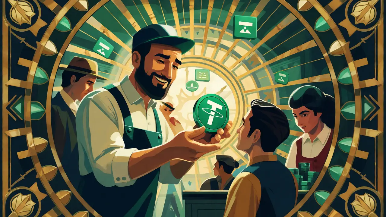 Art Deco scene of a local crypto aggregator facilitating peer-to-peer transactions.