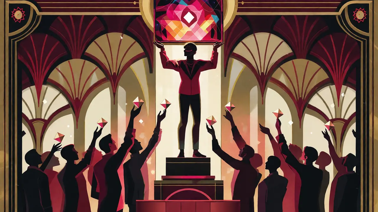 Art Deco scene of fans supporting a creator with tokens