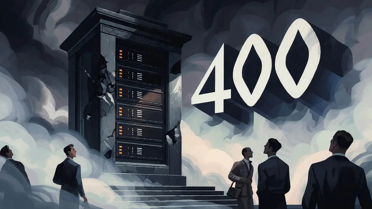 Art Deco scene showing a crumbling digital vault and a looming 400 error symbol.