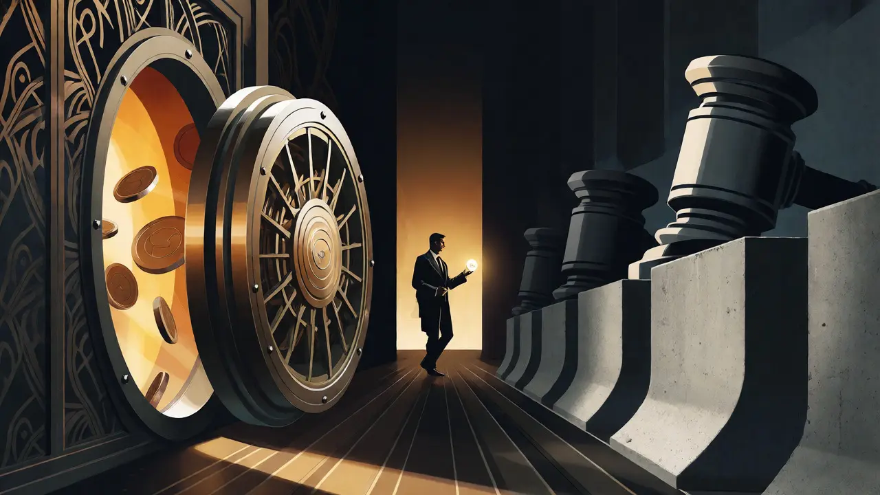 Art Deco scene showing a path from regulatory shadows to a bright vault of private funds.