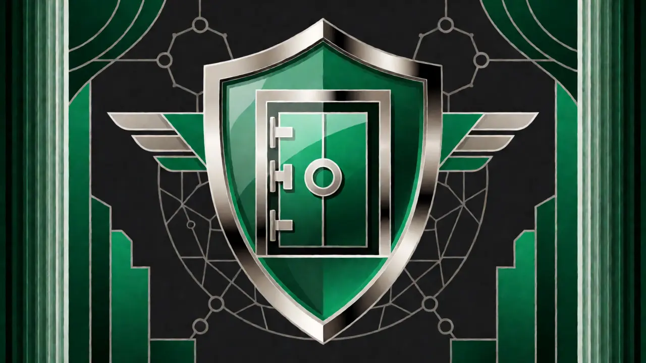 Art Deco shield emblem symbolizing security and trust in crypto exchange