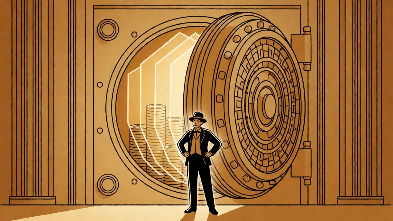 Art Deco style cartoon showing a vault opening to reveal stacked tokens, symbolizing yield farming mechanics.