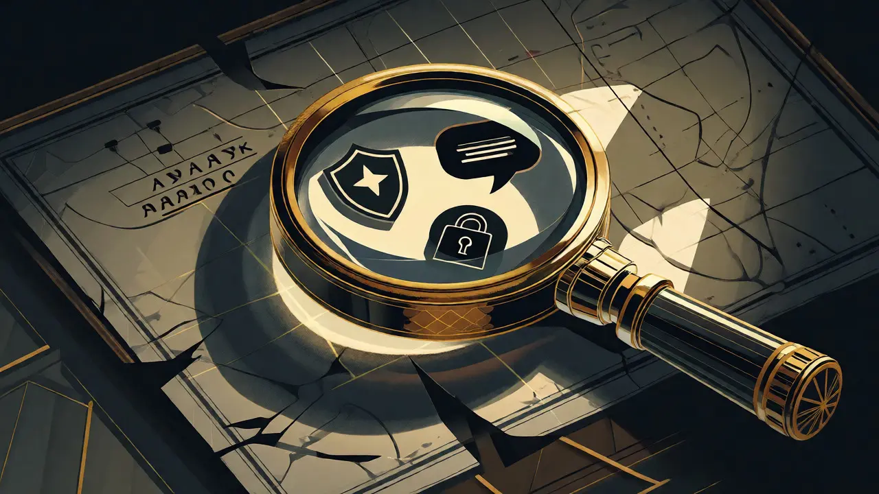 Art Deco style magnifying glass inspecting security and regulation icons.