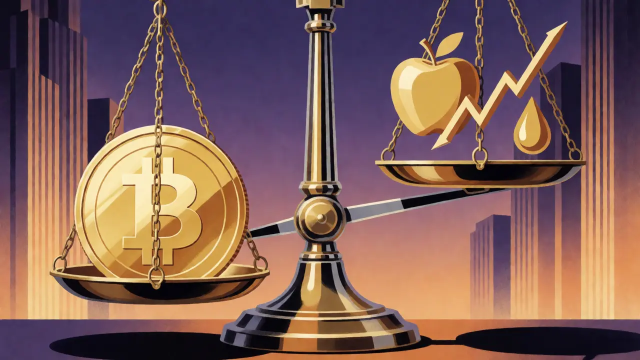 Balance scale weighing Bitcoin against stocks and commodities in Art Deco style.