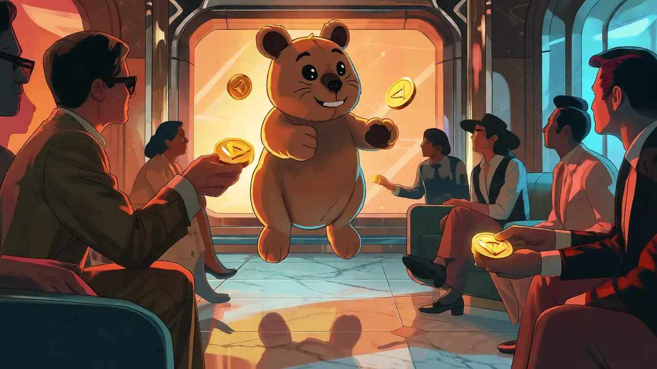 Community gathering around a floating quokka plushie in an Art Deco lounge.