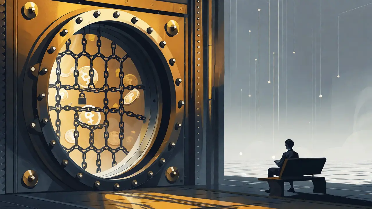Conceptual Art Deco image of a locked vault and a lone figure reflecting on Spintop's market decline.