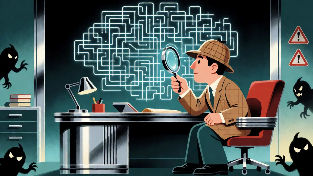 Detective inspecting a glowing smart contract web in a stylized Art Deco office.