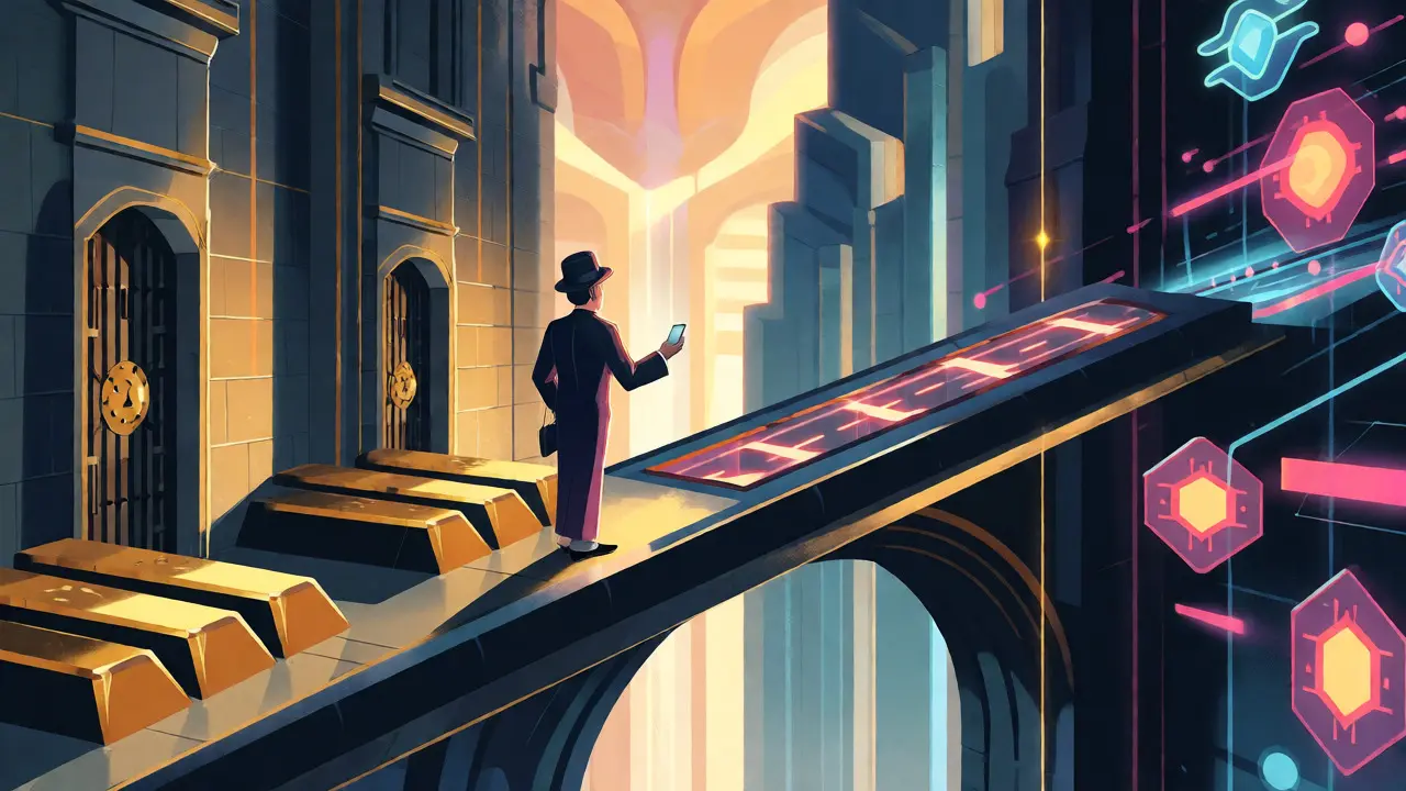 Figure bridges traditional finance and DeFi via a stylized Art Deco structure.