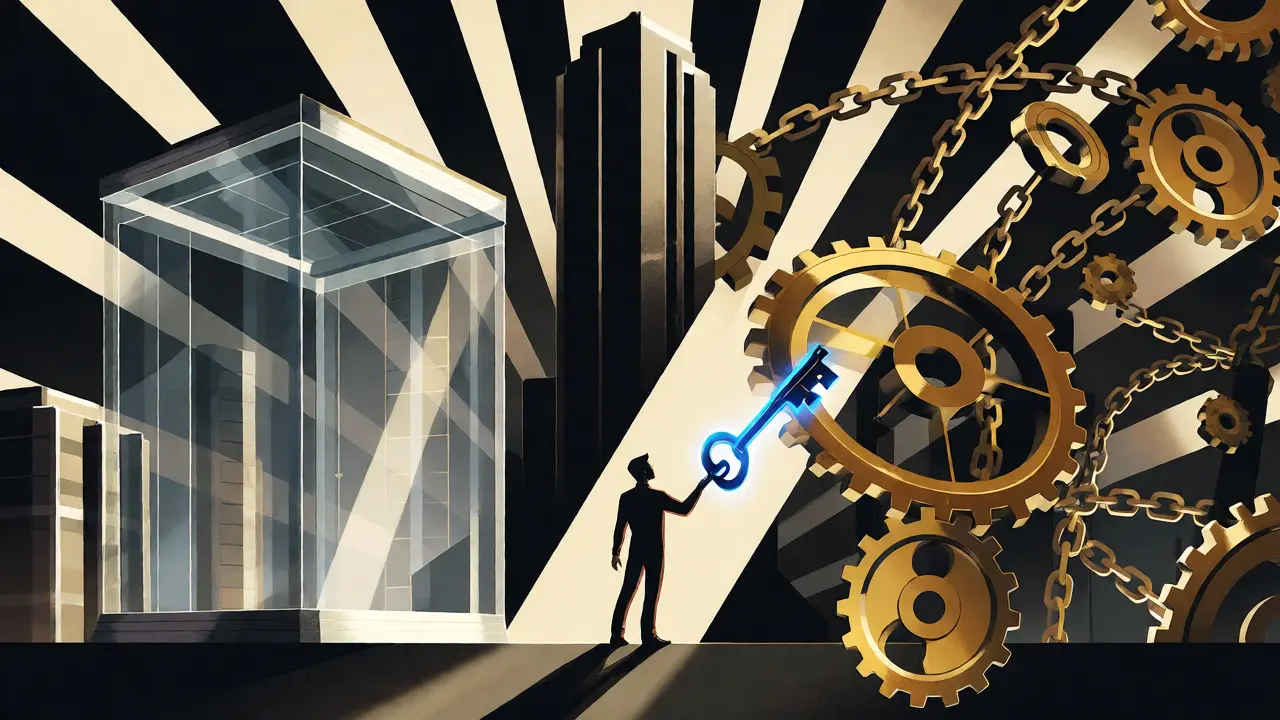 Figure holding a key between a vault and decentralized gears