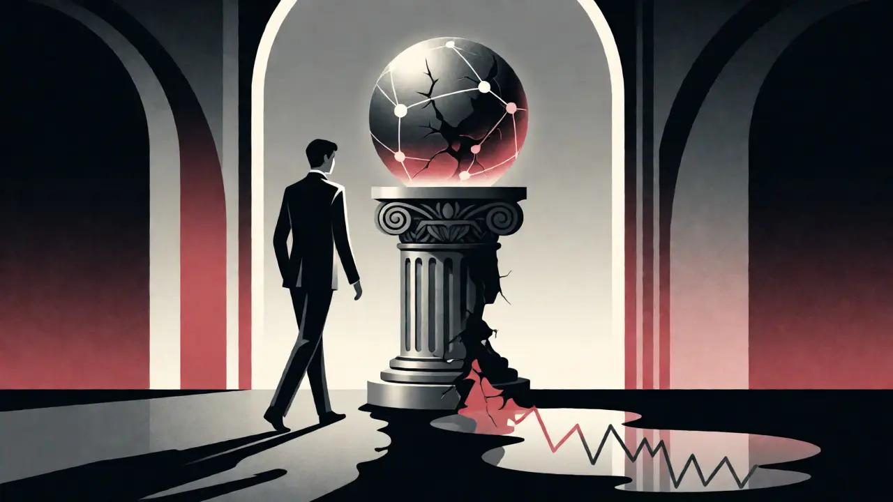 Figure walking away from a crumbling pedestal holding a cracked, leaking sphere.