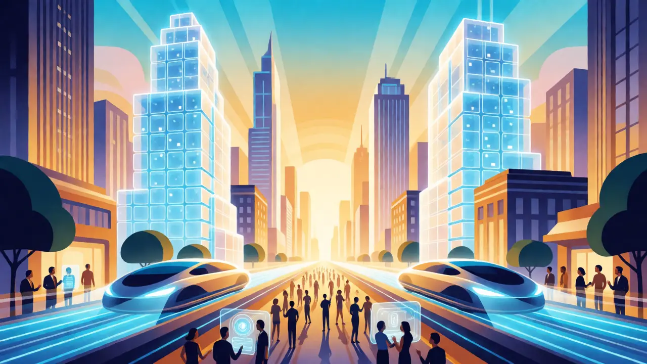 Futuristic Art Deco city with fast-moving vehicles on elevated tracks, symbolizing scalable crypto networks.