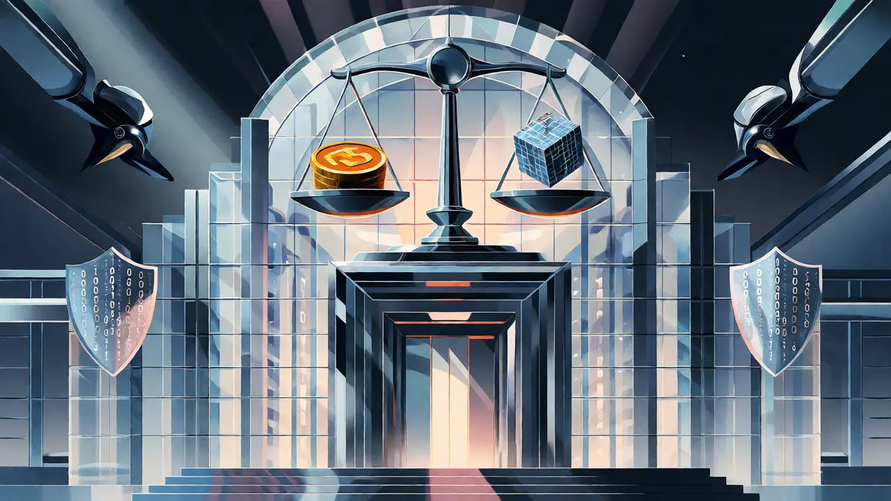 Futuristic Art Deco courthouse balancing traditional fines against DeFi regulations