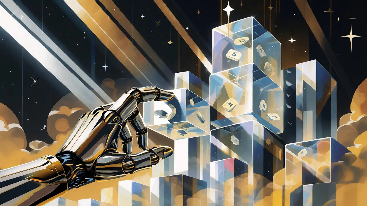 Futuristic blockchain block structure being placed by a robotic hand in Art Deco design.