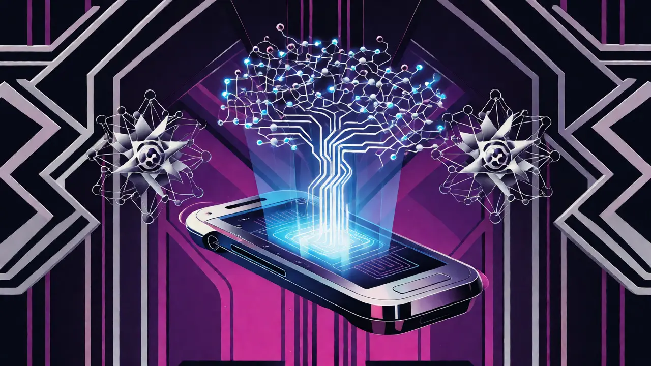 Futuristic device projecting an AI-optimized dynamic tree structure
