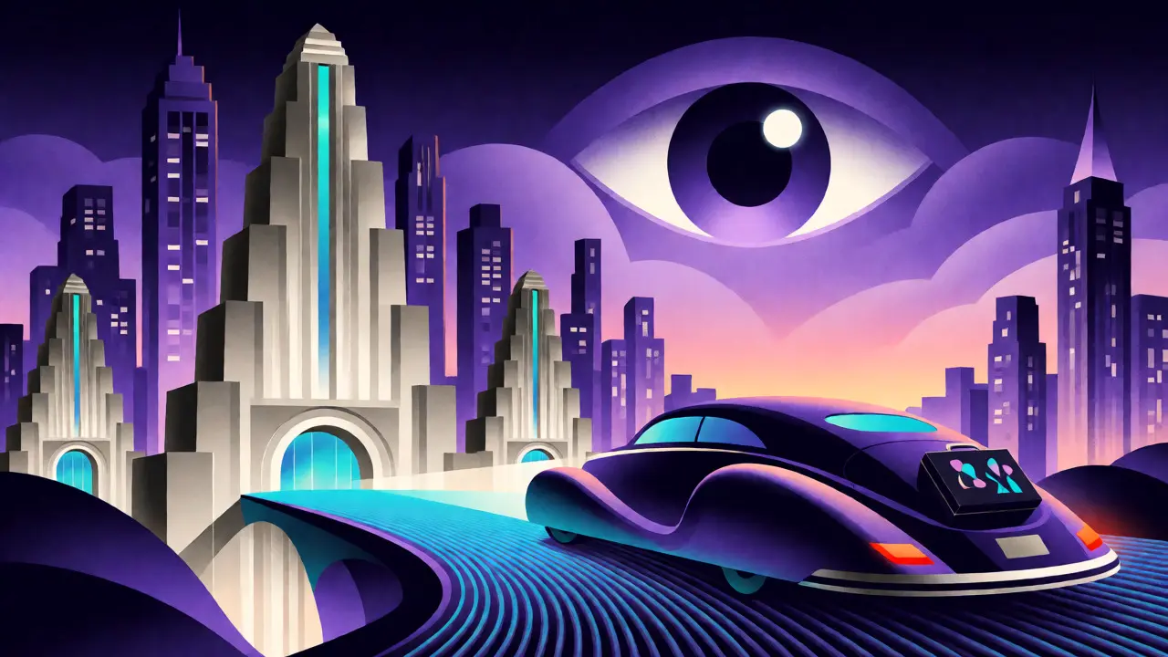 Futuristic vehicle navigating surveillance in an Art Deco cityscape