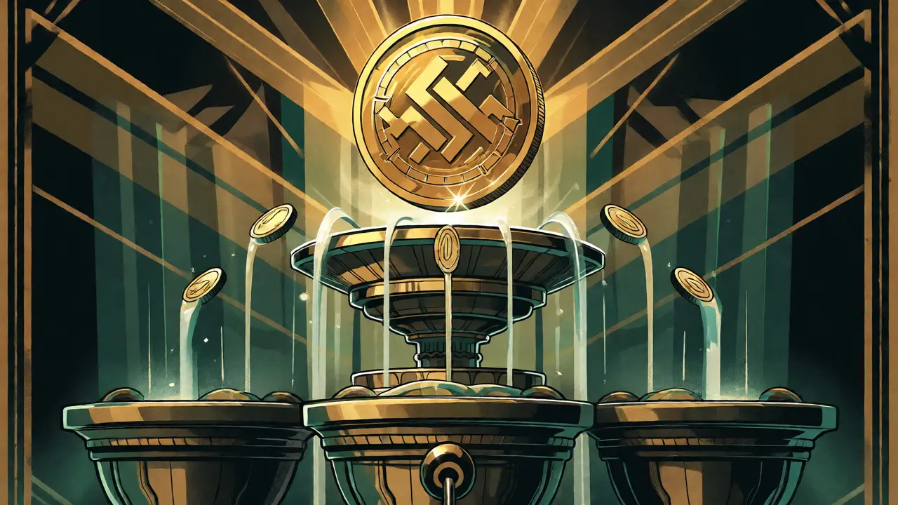 Geometric fountain artwork visualizing Thoreum's deflationary supply mechanics