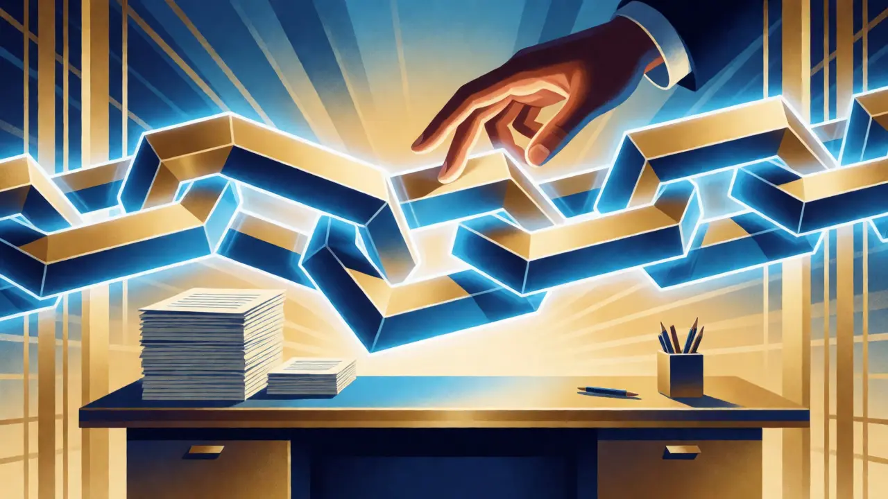 Glowing geometric blockchain chain floating above a desk in Art Deco art