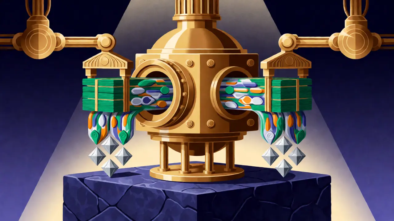 Golden mechanical device bundling digital transactions into secure blocks on an Art Deco blockchain base.