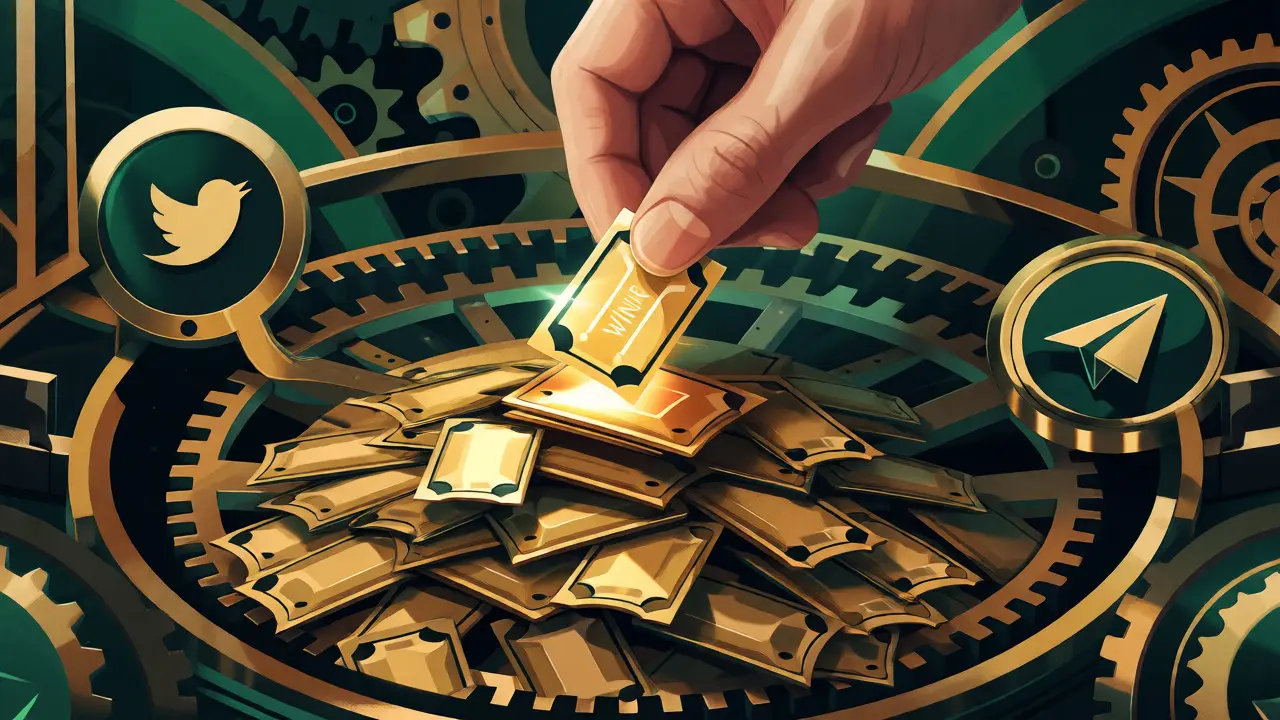 Hand selects a glowing golden ticket from a mechanical pile in Art Deco art.