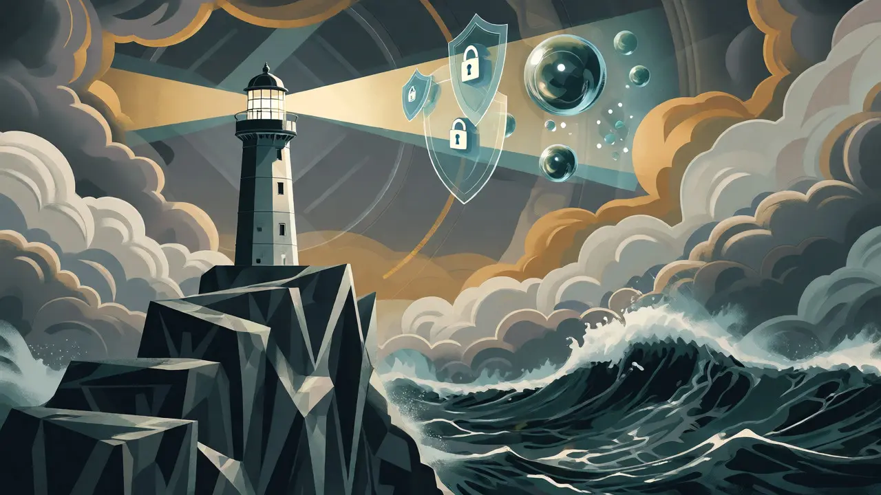 Lighthouse protecting wallet icons from volatile market waves in an Art Deco design.